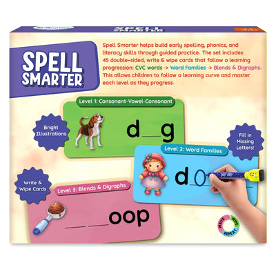 Back panel of Spell Smarter box explaining guided spelling progression from CVC words to Word Families and Blends & Digraphs. Sample cards show “dog,” “doll,” and “scoop” with fill-in blanks and illustrations. Callouts note Bright Illustrations, Write & Wipe Cards, and Fill in Missing Letters, along with a write-wipe-repeat icon.