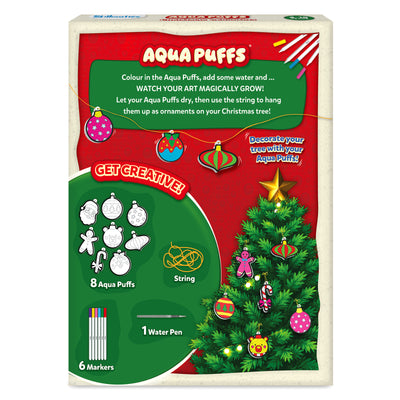 Back packaging design of the Aqua Puffs Christmas Ornaments showing the creative kit contents and finished decorations. The box features colourful hanging ornaments, Christmas tree display, and includes eight Aqua Puffs shapes, six markers, one water pen, and string. The design highlights creating festive 3D art ornaments.