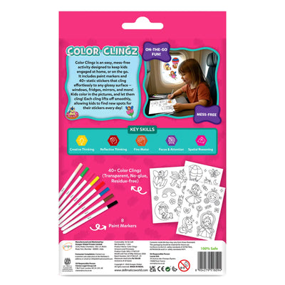 Back view of the Skillmatics Color Clingz Unicorns & Princesses box showing product details and contents. A child is pictured coloring during airplane travel, labeled “On-the-go fun” and “Mess-free.” Icons list key skills developed. The layout displays eight paint markers, multiple black-and-white sticker sheets, usage instructions, safety certifications, manufacturer details, and recycling information at the bottom.