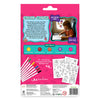 Back view of the Skillmatics Color Clingz Unicorns & Princesses box showing product details and contents. A child is pictured coloring during airplane travel, labeled “On-the-go fun” and “Mess-free.” Icons list key skills developed. The layout displays eight paint markers, multiple black-and-white sticker sheets, usage instructions, safety certifications, manufacturer details, and recycling information at the bottom.