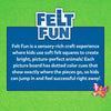 Graphic with the Felt Fun logo above a blue text panel on a green background. The description explains that Felt Fun is a sensory craft where kids use soft felt squares to create bright animal pictures. It notes that dotted color cues on each board show where pieces go, helping children easily complete colorful designs. A small pixel-style butterfly appears in the corner.