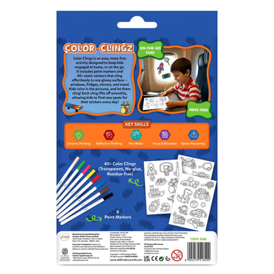 Back of the Color Clingz box showing product usage and contents. A child colors stickers while traveling on an airplane, with callouts reading “On-the-go fun” and “Mess-free.” A skills panel lists Creative Thinking, Reflective Thinking, Fine Motor, Focus & Attention, and Spatial Reasoning. The bottom section displays 8 paint markers, sticker sheets, safety certifications, and manufacturer details.