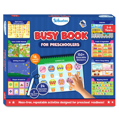 Colorful preschool busy book with reusable stickers and dry-erase pens for ages 3-6
