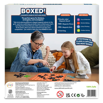 The back of Skillmatics Boxed! game packaging displaying the gameplay instructions and key features. It explains how to take turns placing magnetic pieces on the grid to claim boxes, use strategic decision-making, and compete to capture the most boxes. The box also highlights the game’s contents: double-sided magnetic board, magnetic dots and pieces, a cloth bag, and a manual.