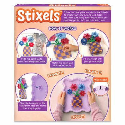 Back packaging of the Skillmatics Stixels Flower Vase kit showing step-by-step instructions for creating 3D wall décor. Illustrations demonstrate placing the color guide beneath the transparent base, inserting Stixels, filling every slot, attaching the design to the frame, and displaying the finished wall-ready artwork.