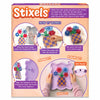 Back packaging of the Skillmatics Stixels Flower Vase kit showing step-by-step instructions for creating 3D wall décor. Illustrations demonstrate placing the color guide beneath the transparent base, inserting Stixels, filling every slot, attaching the design to the frame, and displaying the finished wall-ready artwork.