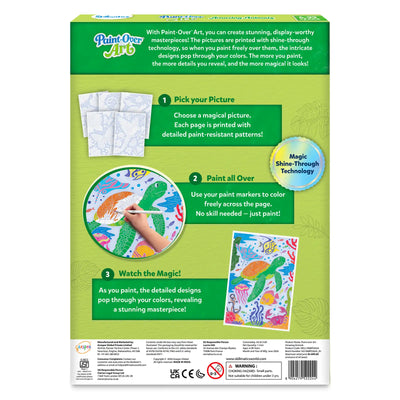 Back-of-box instruction layout for Paint-Over Art kit showing step-by-step usage guide. Includes 'Pick your Picture', 'Paint all Over', and 'Watch the Magic' sections with sample artwork. Also displays safety warnings, branding, certifications, barcode, and product details on green background.