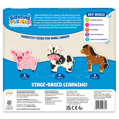 Back of the Skillmatics Bathtime Puzzles Farm Animals box showing three foam animal puzzles including a 3-piece pig, 4-piece cow, and 5-piece horse. The packaging highlights developmental skills, product details, age recommendation of 18 months to 4 years, and safety information.