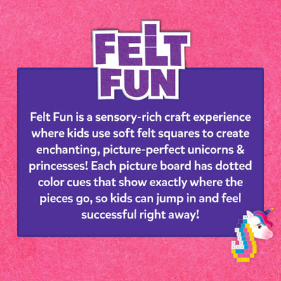 Skillmatics Felt Fun logo in bold purple letters on a pink felt background. A purple rectangle displays white text describing the product as a sensory-rich craft experience using soft felt squares to create unicorns and princesses with dotted color cues. A pixel-art unicorn is bottom right.