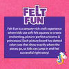 Skillmatics Felt Fun logo in bold purple letters on a pink felt background. A purple rectangle displays white text describing the product as a sensory-rich craft experience using soft felt squares to create unicorns and princesses with dotted color cues. A pixel-art unicorn is bottom right.