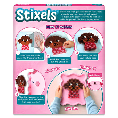 How It Works for Stixels showing step-by-step process: slide color guide under transparent base, match colors and slot stixels, fill every slot to complete 3D puppy design, then align hexagons to frame. Includes finished framed wall-ready décor with captions Frame it, Flaunt it, Love it.
