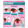 How It Works for Stixels showing step-by-step process: slide color guide under transparent base, match colors and slot stixels, fill every slot to complete 3D puppy design, then align hexagons to frame. Includes finished framed wall-ready décor with captions Frame it, Flaunt it, Love it.