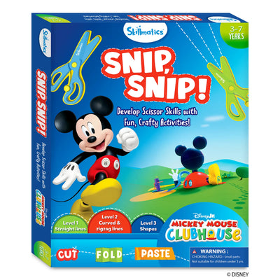 Front-facing view of the Skillmatics “Snip Snip!” activity kit box designed for ages 3 to 7. The box features Disney’s Mickey Mouse stepping forward against a blue and green landscape background. The title “SNIP, SNIP!” appears prominently in red text, with illustrations of child-safe scissors. Icons at the bottom indicate three learning levels for straight lines, curved and zigzag lines, and shapes, along with cut, fold, and paste steps.