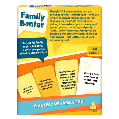 Back of Skillmatics Family Banter card game box on a yellow and orange background. Upper section shows the Family Banter logo, product description, and a teal speech bubble reading Perfect for family nights, holidays, or when everyone's schedules finally align. Four sample question cards are displayed including What smell reminds us of home and What's a time when none of us could stop laughing. Contains 148 cards. Gouda Games logo and Wholesome Family Fun tagline shown at bottom.