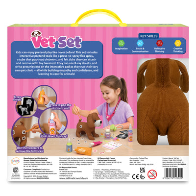 Back of the Skillmatics Vet Set packaging featuring the product overview, key skills including imagination, communication, reflective thinking, and creativity, lifestyle play scene, close-up feature demonstrations, product contents, safety certifications, manufacturing details, and barcode.