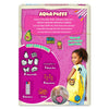 Back of Aqua Puffs Girl Power box featuring instructions to color, add water and let designs grow, then attach string or keychains. Shows 8 cutout shapes, 6 markers, 1 water pen, 4 keychains and string. Lifestyle image displays child wearing backpack with attached designs. Text highlights creativity and room décor use.