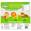 Back panel of the Skillmatics Bathtime Puzzles Wild Animals box featuring monkey, lion, and tiger foam puzzles with 3-, 4-, and 5-piece progression for stage-based learning. Includes product description, key skills, manufacturer details, safety certifications, barcode, and recommended age of 18 months–4 years.