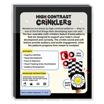 Skillmatics High Contrast Crinklers packaging for newborns (0–12 months) with wearable cloth crinklers. Highlights 8 black-and-white patterns and crinkle sound engagement. Includes benefits: cognitive abilities, visual development, eye coordination, plus BPA FREE and BABY SAFE indicators.