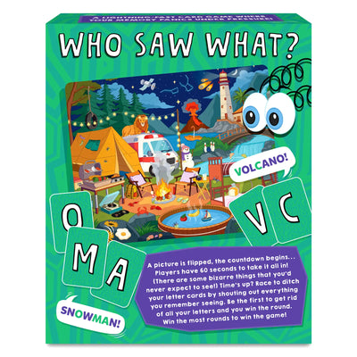 Back of the Skillmatics card game box titled “Who Saw What? …In 60 Seconds” on a green patterned background. A colorful illustrated camping scene fills the center, showing a tent, ambulance with a lion on top, campfire, chairs, barbecue, pond and other elements at night. Green letter cards with O, M, A, V, and C appear around the scene. A purple instruction panel explains the 60-second memory gameplay rules, while cartoon eyes peek from the corner.