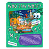Back of the Skillmatics card game box titled “Who Saw What? …In 60 Seconds” on a green patterned background. A colorful illustrated camping scene fills the center, showing a tent, ambulance with a lion on top, campfire, chairs, barbecue, pond and other elements at night. Green letter cards with O, M, A, V, and C appear around the scene. A purple instruction panel explains the 60-second memory gameplay rules, while cartoon eyes peek from the corner.