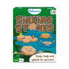Sinking Stones strategy board game with hex tiles, player pawns, and game cards