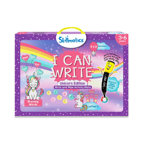 Skillmatics I Can Write Unicorn Edition educational kit with reusable activity mats for ages 3-6
