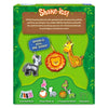 Back view of the Shake-its Amazing Animals packaging showing a wooden sign graphic with usage instructions at the top and hanging animal shake-it examples below. At the bottom, a contents section displays icons for six confetti packs, six foam shake-its, six transparent sheets, and six keychains. The design uses a green jungle background with leaves, sparkles, and playful animal illustrations.