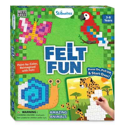 Front of Skillmatics Felt Fun Amazing Animals craft kit box for ages 3–8 on a green patterned background. Graphics show felt mosaic animals including a butterfly, macaw, snail, and leopard activity board. Text highlights “Paint-by-Color Reimagined with Felt,” “Press On, Pull Off & Start Over,” and “Mess Free.” A warning label notes small parts and age safety information.