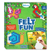 Front of Skillmatics Felt Fun Amazing Animals craft kit box for ages 3–8 on a green patterned background. Graphics show felt mosaic animals including a butterfly, macaw, snail, and leopard activity board. Text highlights “Paint-by-Color Reimagined with Felt,” “Press On, Pull Off & Start Over,” and “Mess Free.” A warning label notes small parts and age safety information.