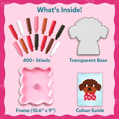 Flat lay 'What's Inside' panel for Skillmatics Stixels kit showing 400+ colorful cylindrical stixels in shades of red, brown, white and black, a transparent perforated base board shaped like a character silhouette, a pink wavy frame, and a color guide card featuring a sample puppy design.