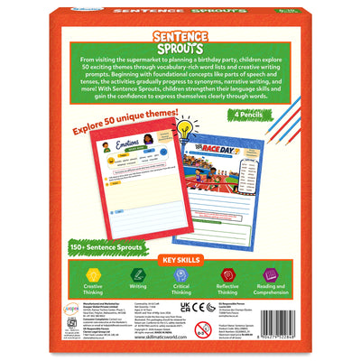Sentence Sprouts box back panel on orange background. Two sample worksheets shown: Emotions with synonym word bank and Race Day with homophones activity. Four red and blue pencils displayed top-right. Bottom key skills panel lists Creative Thinking, Writing, Critical Thinking, Reflective Thinking, and Reading and Comprehension.