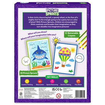 Back of the Skillmatics Picture Sprouts box showing product information, example drawings created from simple shapes, a set of 12 retractable crayons, key skill icons for creative thinking, observation, spatial reasoning, decision making, and fine motor skills, plus product details, barcode, and safety symbols.
