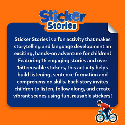 Blue and orange Sticker Stories product description with 16 stories and 150 reusable stickers
