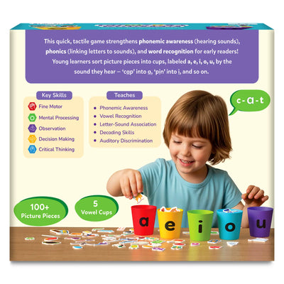 Back of the Skillmatics Phonics Sorter box showing a child placing a picture piece into the red vowel cup labeled a while saying “c-a-t.” Informational sections describe phonemic awareness, phonics, and word recognition, along with key skills like fine motor control and critical thinking. Visual callouts highlight 100 plus picture pieces, five vowel cups, and clear instructions for early reading development.