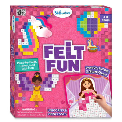 Front of the Skillmatics Felt Fun craft kit box for ages 3–8 featuring unicorn and princess pixel-style designs made with colorful felt squares. Packaging highlights mess-free creative play, press-on reusable felt pieces, and paint-by-color activity boards with a demonstration image of a child placing felt squares.