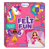 Front of the Skillmatics Felt Fun craft kit box for ages 3–8 featuring unicorn and princess pixel-style designs made with colorful felt squares. Packaging highlights mess-free creative play, press-on reusable felt pieces, and paint-by-color activity boards with a demonstration image of a child placing felt squares.