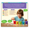 Back of the Skillmatics Phonics Sorter box showing a child placing a picture piece into the red vowel cup labeled a while saying “c-a-t.” Informational sections describe phonemic awareness, phonics, and word recognition, along with key skills like fine motor control and critical thinking. Visual callouts highlight 100 plus picture pieces, five vowel cups, and clear instructions for early reading development.