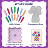 Contents of the Skillmatics Stixels Flower Vase kit displayed on a white background, including 400+ colorful Stixels, a transparent flower-shaped base, a lavender display frame measuring 10.6 x 9 inches, and a printed color guide used to build the finished 3D flower vase artwork.