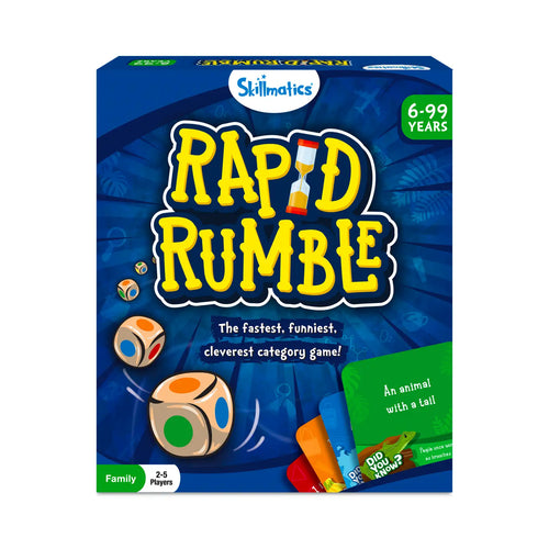Blue and yellow Rapid Rumble board game box for ages 6 and up, 2-5 players