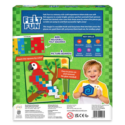 Back of the Felt Fun Amazing Animals box showing product details and activity examples. Graphics include a macaw picture board, colored felt square sheets, and a child holding a completed snail mosaic. Callouts highlight 400 reusable felt squares, four picture boards, and key skills like observation, creative thinking, fine motor, spatial reasoning, focus, and planning.