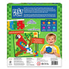 Back of the Felt Fun Amazing Animals box showing product details and activity examples. Graphics include a macaw picture board, colored felt square sheets, and a child holding a completed snail mosaic. Callouts highlight 400 reusable felt squares, four picture boards, and key skills like observation, creative thinking, fine motor, spatial reasoning, focus, and planning.