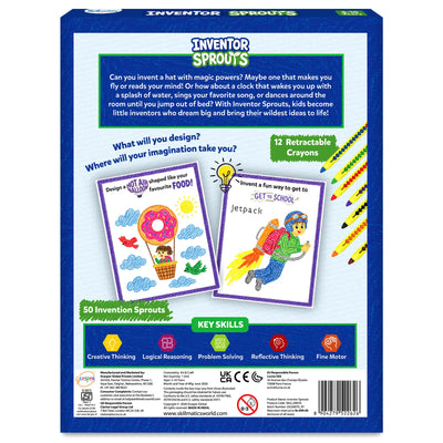 Back of the Skillmatics Inventor Sprouts box showcasing product features, sample invention pages including a donut hot air balloon and jetpack, 12 retractable crayons, 50 invention prompts, key skills developed such as creative thinking and problem solving, plus product information and safety details.