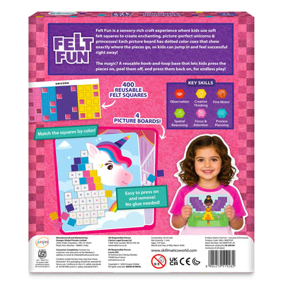 Back of the Skillmatics Felt Fun Unicorns and Princesses craft kit showing how children create pictures using reusable felt squares on color-coded boards. Includes illustrations of activity boards, a child holding a completed artwork, and icons highlighting skills such as observation, creativity, fine motor skills, focus, and planning.