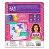 Back of the Skillmatics Felt Fun Unicorns and Princesses craft kit showing how children create pictures using reusable felt squares on color-coded boards. Includes illustrations of activity boards, a child holding a completed artwork, and icons highlighting skills such as observation, creativity, fine motor skills, focus, and planning.