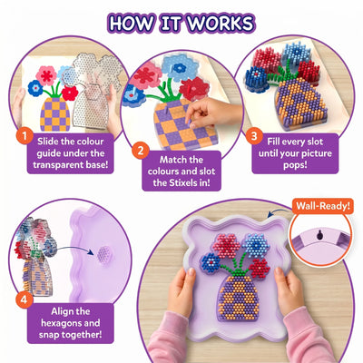 Step-by-step guide for creating the Skillmatics Stixels Flower Vase wall décor. Images show sliding the color guide beneath the transparent base, matching and inserting Stixels, filling every slot, snapping the completed design into the lavender frame, and displaying the finished wall-ready artwork.