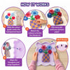 Step-by-step guide for creating the Skillmatics Stixels Flower Vase wall décor. Images show sliding the color guide beneath the transparent base, matching and inserting Stixels, filling every slot, snapping the completed design into the lavender frame, and displaying the finished wall-ready artwork.