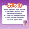 Promotional panel for the Skillmatics Stixels Flower Vase craft kit explaining that children follow a color guide and insert colorful Stixels into a transparent base to create a 3D flower vase wall décor piece. The layout features the Stixels logo, decorative floral accents, and a thumbnail of the completed artwork.