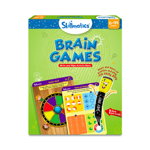Skillmatics Brain Games activity set with reusable write and wipe mats and marker for ages 6 to 99
