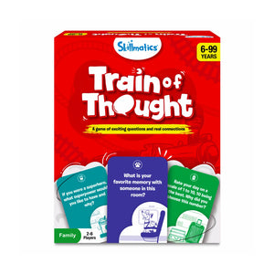 Red Train of Thought game box with game cards and age ratings for ages 6 and up