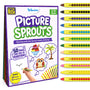 Front of the Skillmatics Picture Sprouts activity book box for ages 5–10. The purple package shows the title, a hand drawing from a simple curved line, example illustrations of an owl, palm tree, and ice cream, a badge for 50 transformable shapes, 50-page book, 12 retractable crayons, and a safety warning.